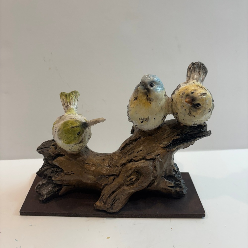 Vintage Style Three Birds on Log Resin Figurine Nature Decor Songbird Statue